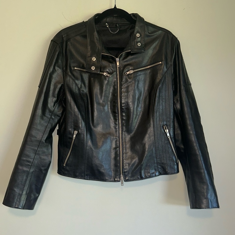 Stunning black leather jacket with silver hardware